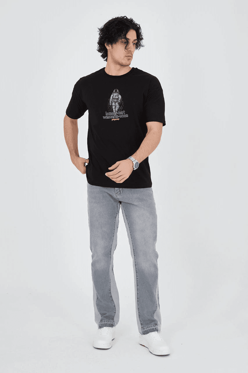 Erkek Baskılı T-Shirt Kısa Kol Bisiklet Yaka Regular Fit Rahat Kalıp Günlük Tişört - Siyah
