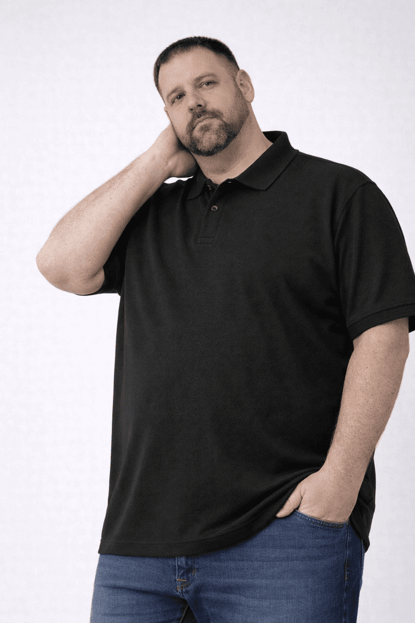 Erkek Polo Yaka Düğmeli Tişört Pike Kumaş Battal Beden Kısa Kol T-Shirt - Siyah — görsel 1 / 5