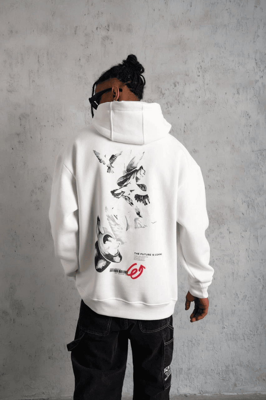 Erkek 3 İplik Pamuklu Kapüşonlu Baskılı Cepli Oversize Sweatshirt Hoodie - Beyaz — görsel 1 / 5