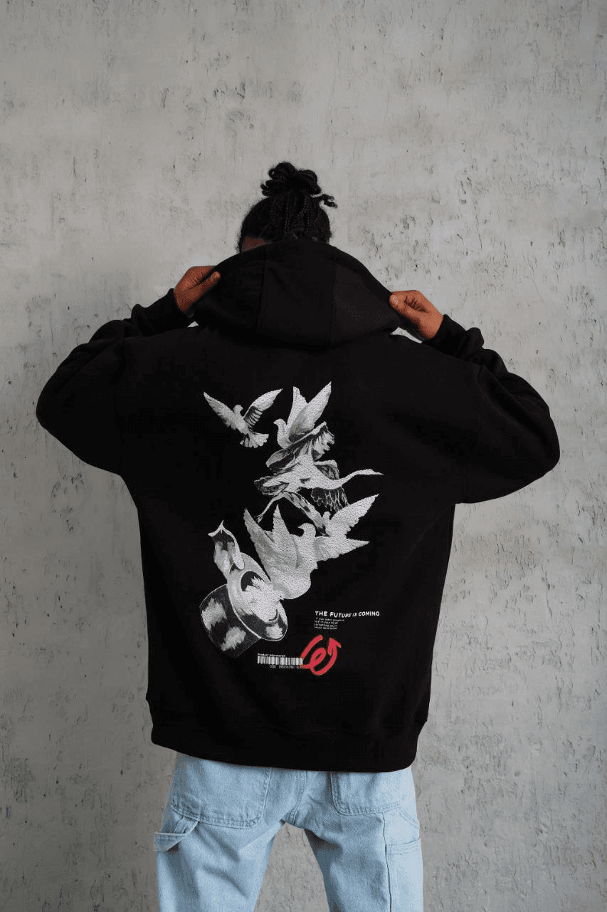 Erkek 3 İplik Pamuklu Kapüşonlu Baskılı Cepli Oversize Sweatshirt Hoodie - Siyah