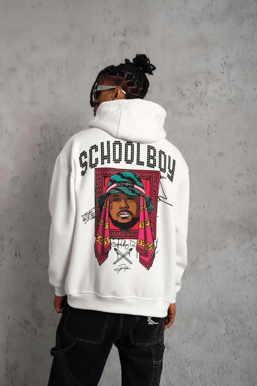Erkek 3 İplik Pamuklu Kapüşonlu Baskılı Cepli Oversize Sweatshirt Hoodie - Beyaz