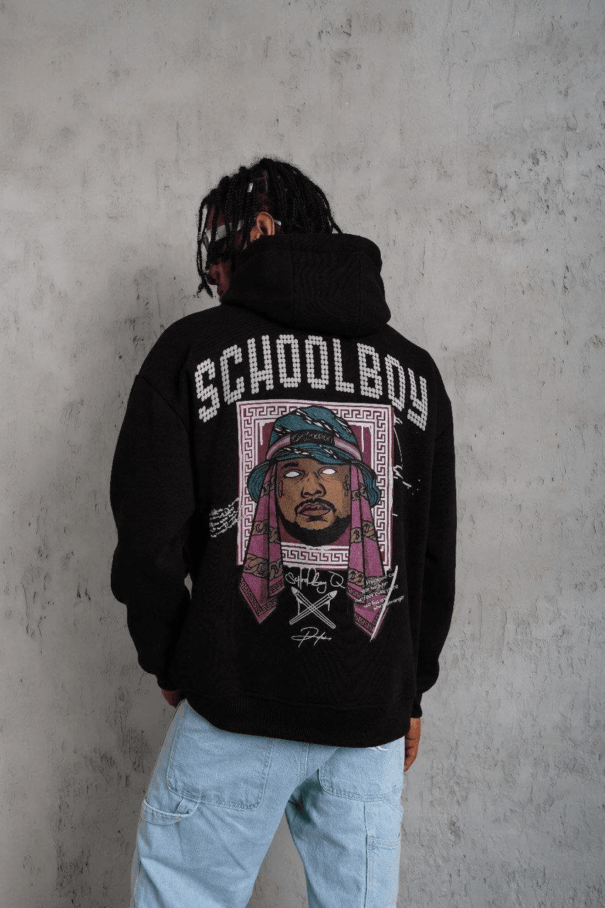 Erkek 3 İplik Pamuklu Kapüşonlu Baskılı Cepli Oversize Sweatshirt Hoodie - Siyah — görsel 1 / 2