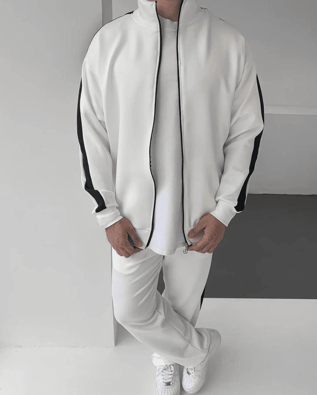 Erkek Scuba Kumaş Oversize Şerit Detaylı Fermuarlı Alt Üst Eşofman Takımı - Beyaz