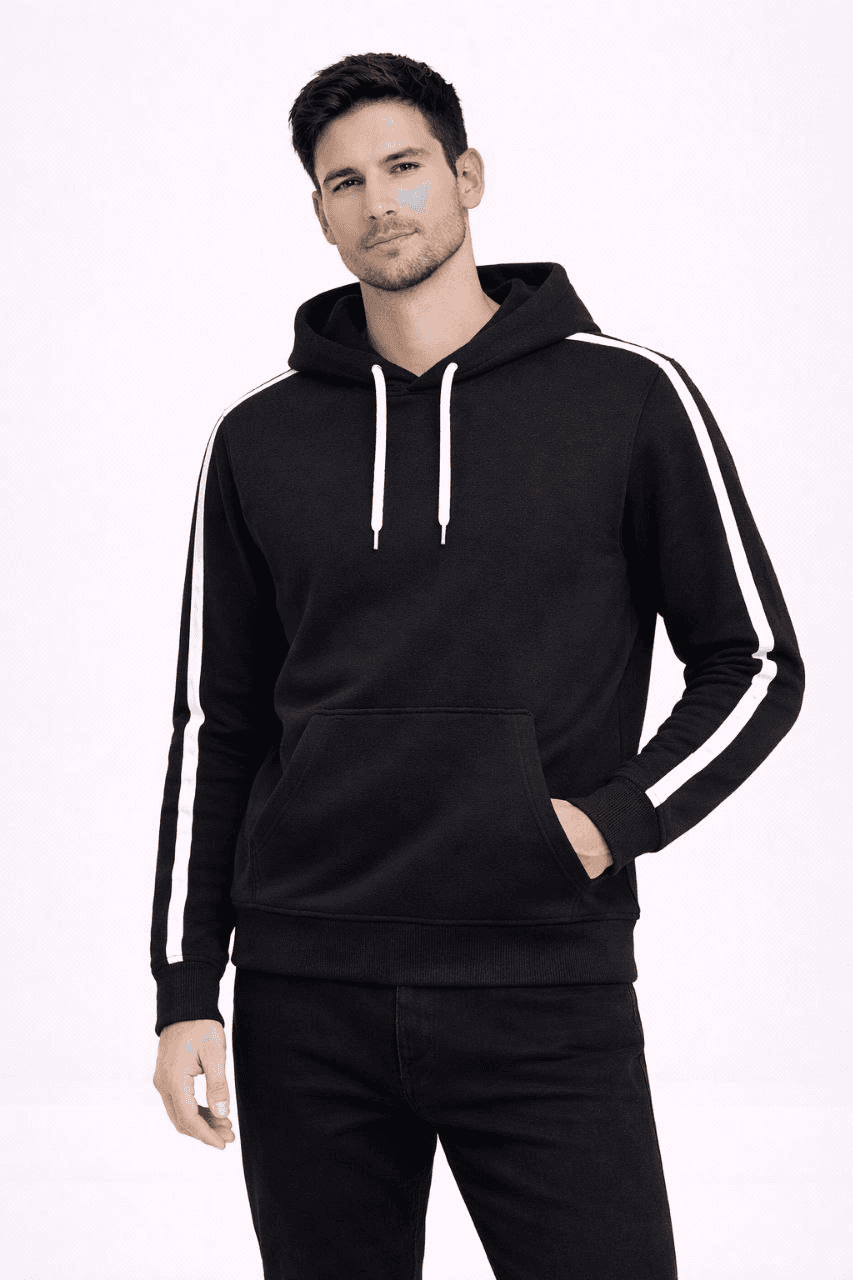 Erkek Şeritli Kapüşonlu Sweatshirt Oversize 3 iplik Pamuklu Hoodei - Siyah — görsel 1 / 4