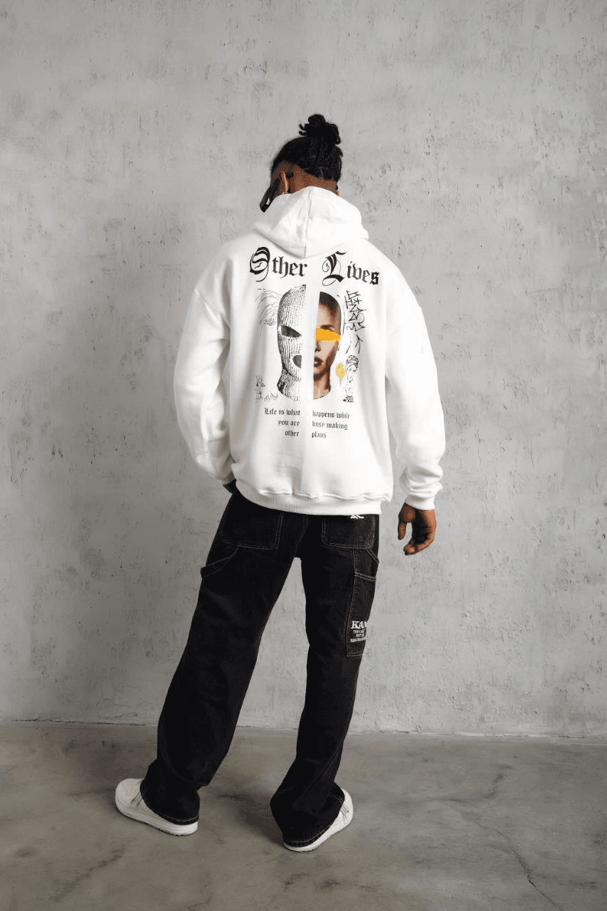 Erkek Kapüşonlu Kanguru Cepli Sweatshirt 3 İplik Pamuklu Baskılı Hoodie - Beyaz — görsel 1 / 4