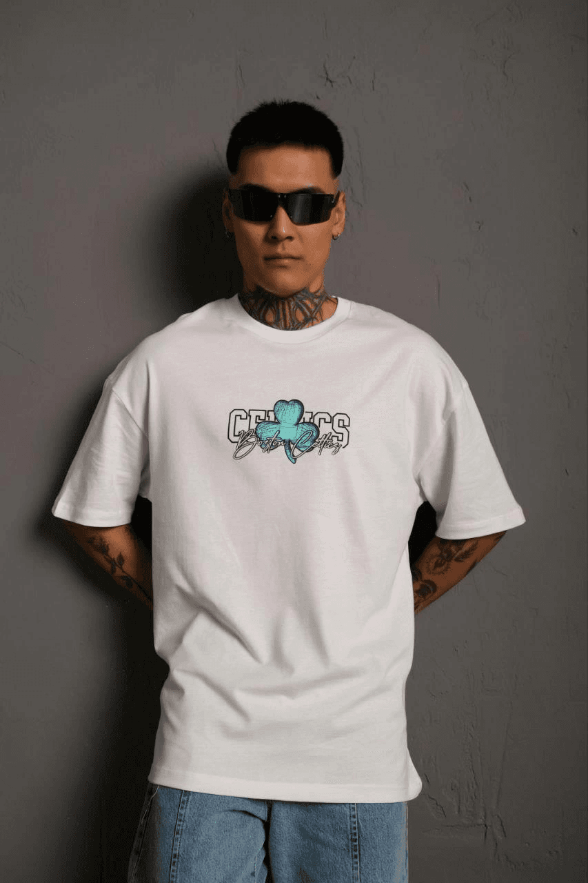 Erkek Kısa Kol Yazlık Tişört Bisiklet Yaka Baskılı Oversize T-Shirt - Beyaz — görsel 1 / 4