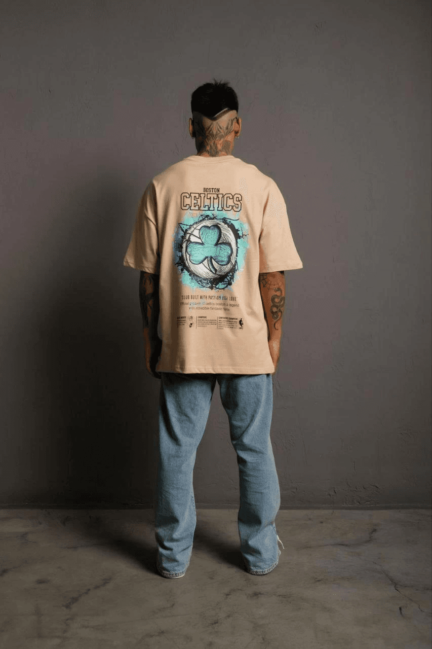 Erkek Kısa Kol Yazlık Tişört Bisiklet Yaka Baskılı Oversize T-Shirt - Bej