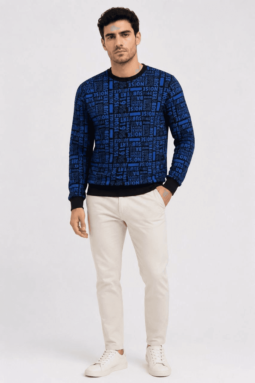 Erkek Siyah Mavi Yazı Desenli İki İplik Şardonlu Sweatshirt — görsel 1 / 4