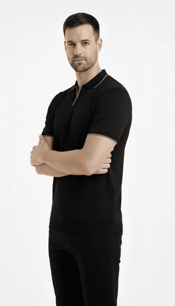 Erkek Yazlık Dokuma Triko Tişört Düğmesiz Polo Yaka Kısa Kol T-Shirt - Siyah — görsel 1 / 5