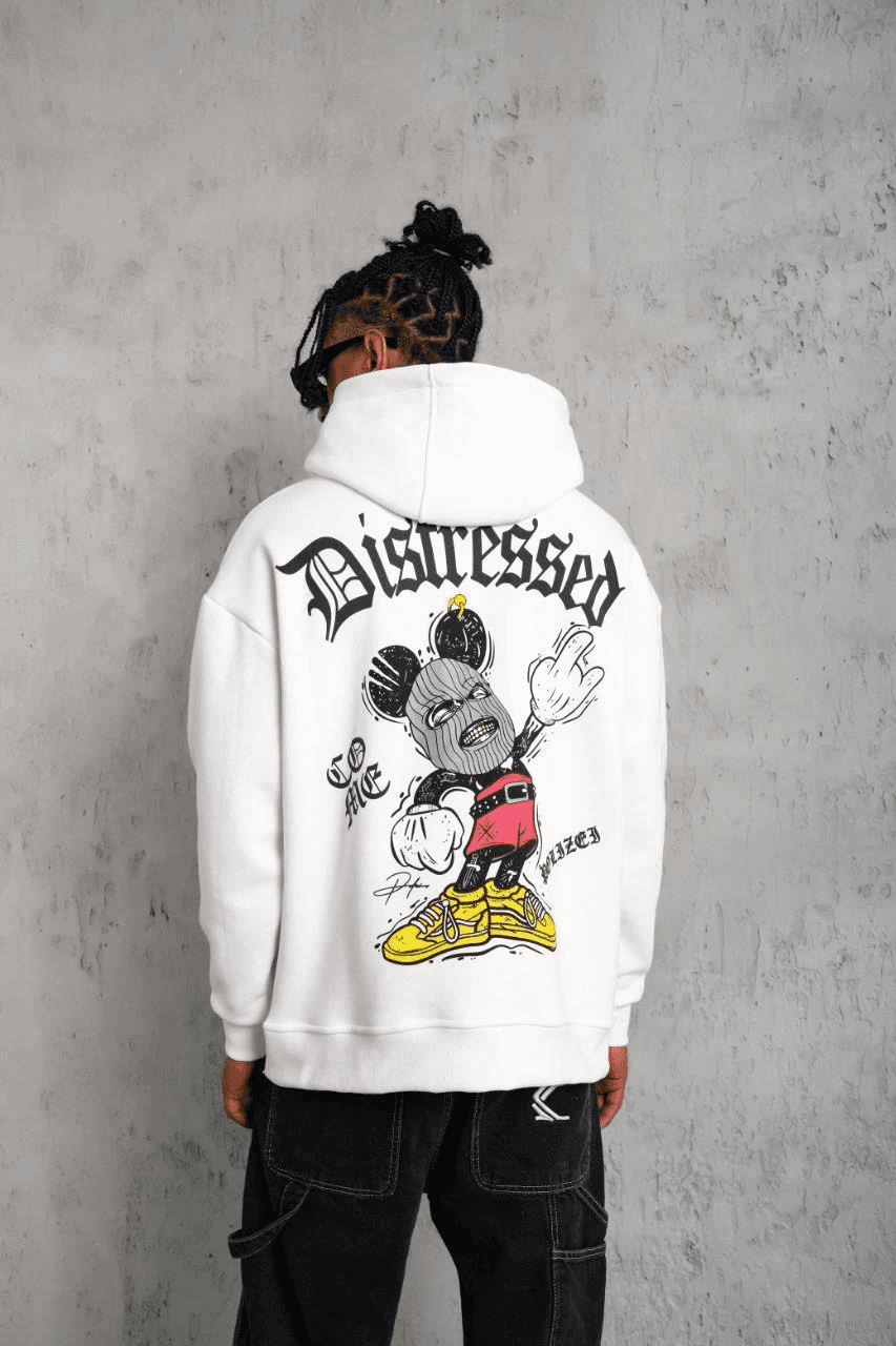 Erkek 3 İplik Pamuklu Kapüşonlu Baskılı Cepli Oversize Sweatshirt Hoodie - Beyaz — görsel 1 / 5