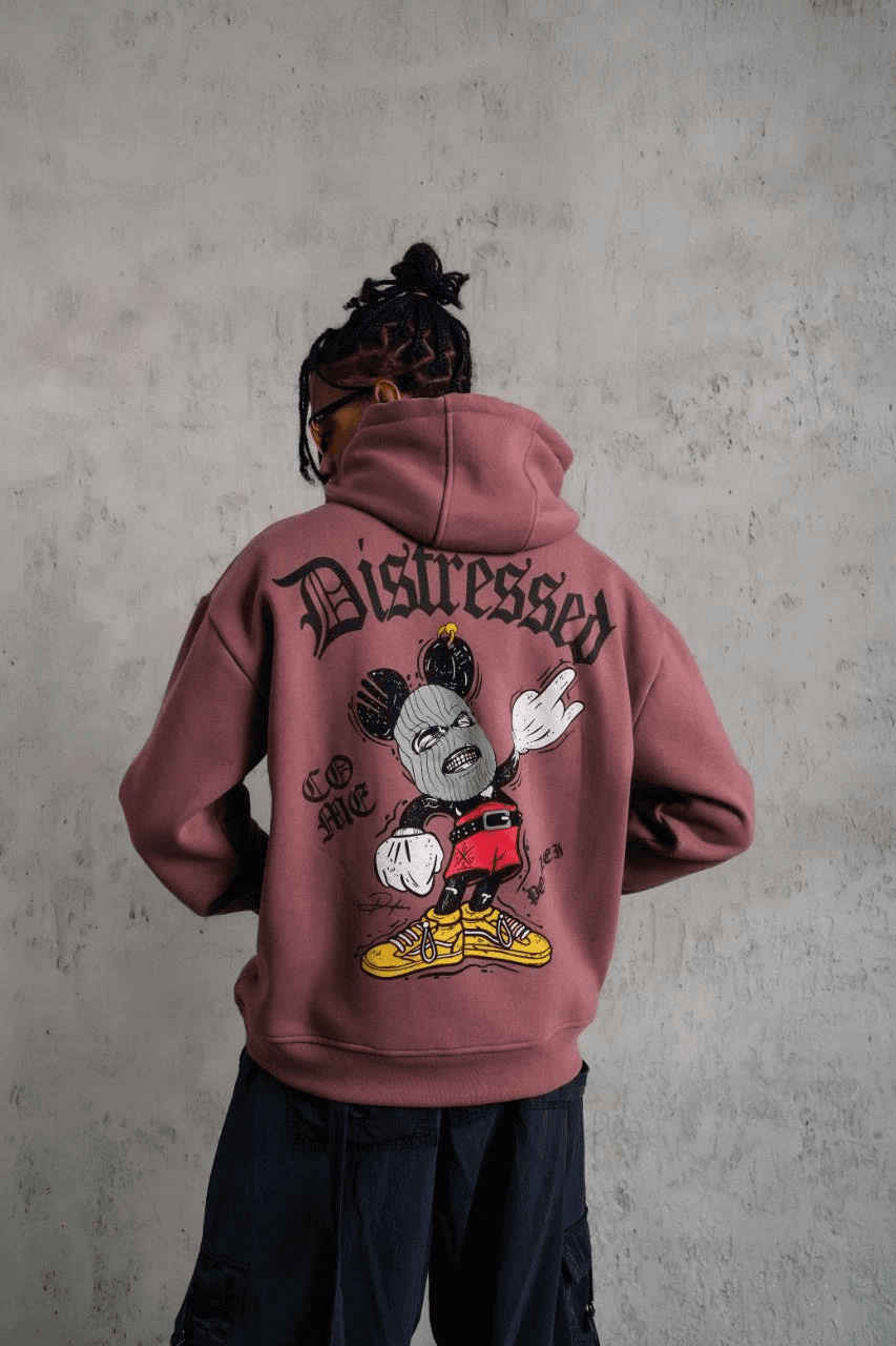 Erkek 3 İplik Pamuklu Kapüşonlu Kanguru Cepli Sweatshirt Hoodie - Gül Kurusu