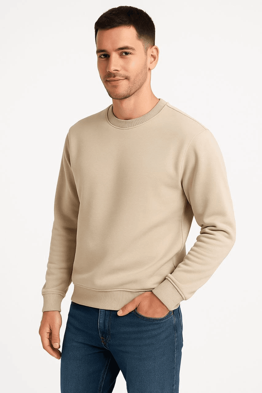 Erkek 3 İplik Pamuklu Düz Bisiklet Yaka SweatShirt - Bej