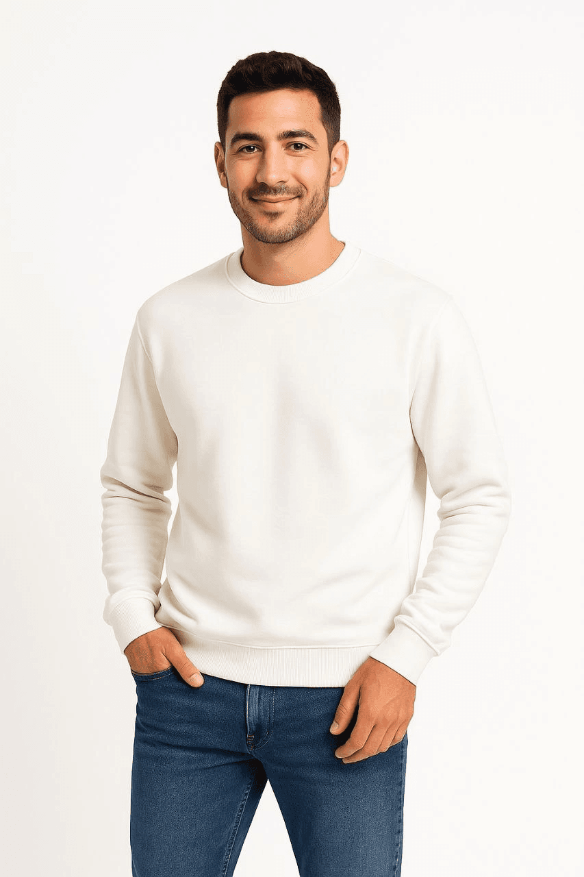 Erkek 3 İplik Pamuklu Düz Bisiklet Yaka SweatShirt - Beyaz — görsel 1 / 3