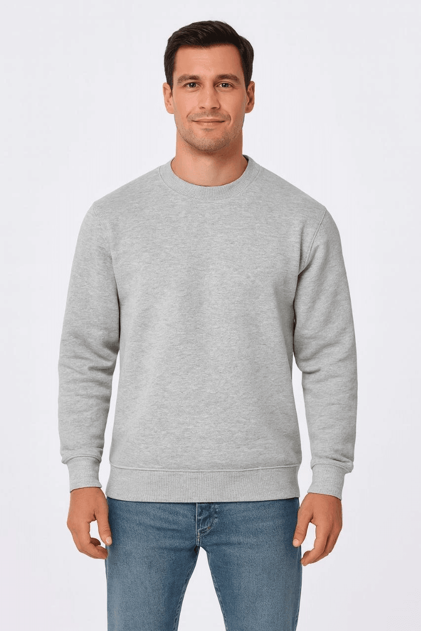 Erkek 3 İplik Pamuklu Düz Bisiklet Yaka SweatShirt - Gri — görsel 1 / 2