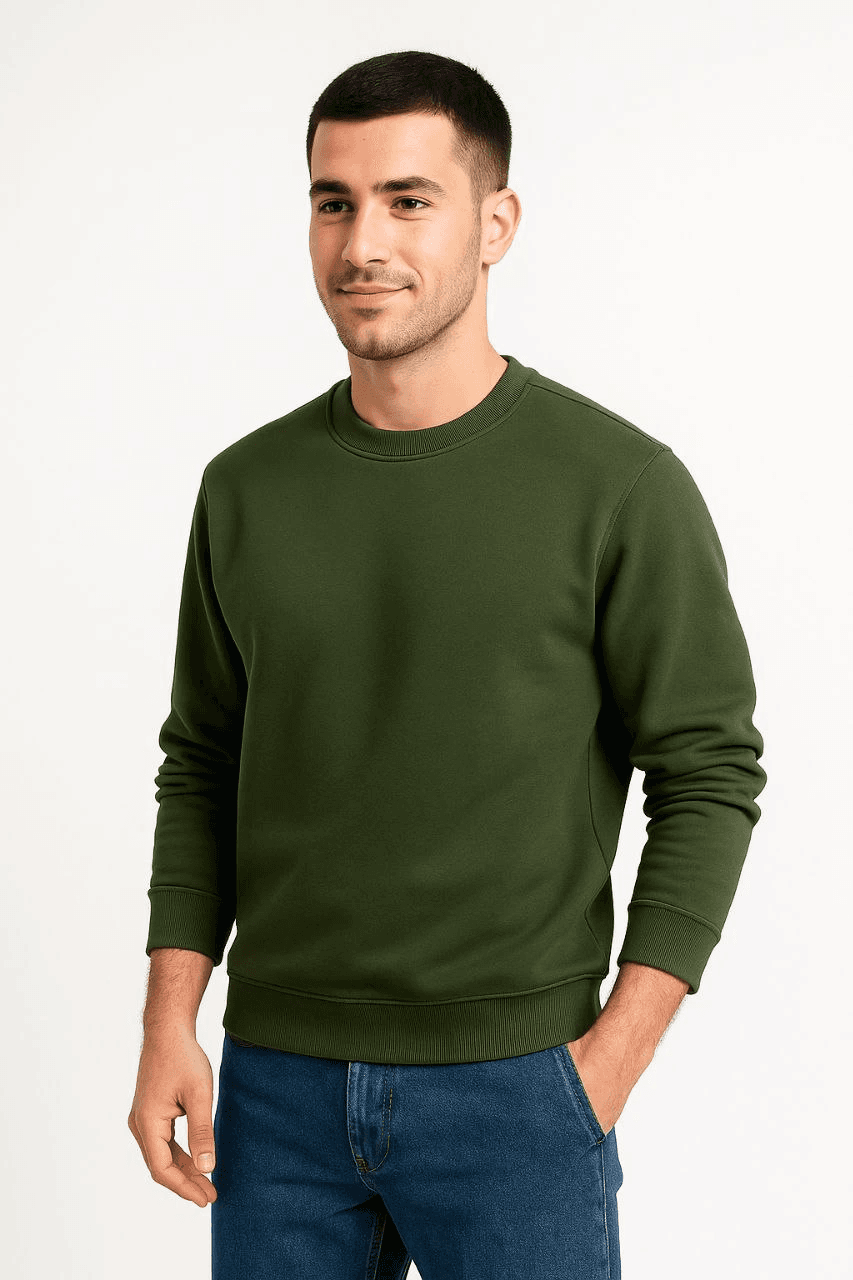 Erkek 3 İplik Pamuklu Düz Bisiklet Yaka SweatShirt - Haki — görsel 1 / 4