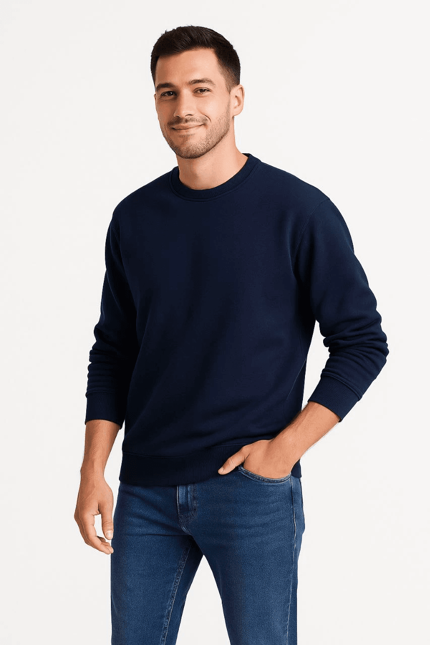 Erkek 3 İplik Pamuklu Düz Bisiklet Yaka SweatShirt - Lacivert — görsel 1 / 4
