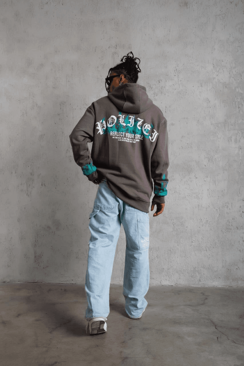 Erkek 3 iplik Pamuklu Alev Baskılı Kapüşonlu hoodie Sweatshirt - Gri