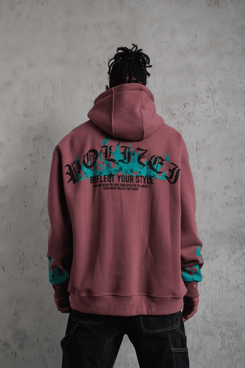 Erkek 3 İplik içi Pamuklu Alev Baskılı Kapüşonlu hoodie Sweatshirt - Gül Kurusu