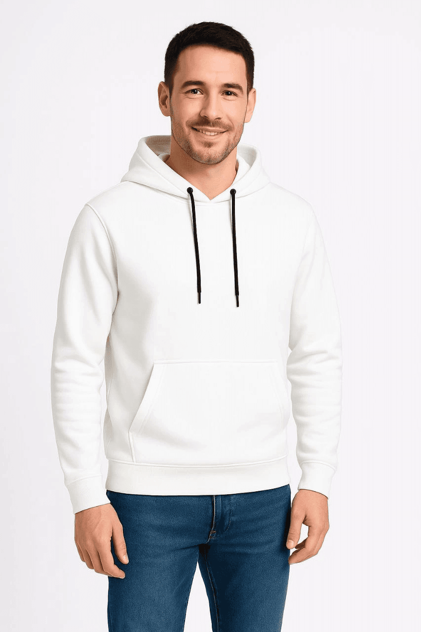 Erkek 3 İplik Pamuklu Kapüşonlu Kanguru Cepli SweatShirt hoodie - Beyaz — görsel 1 / 7