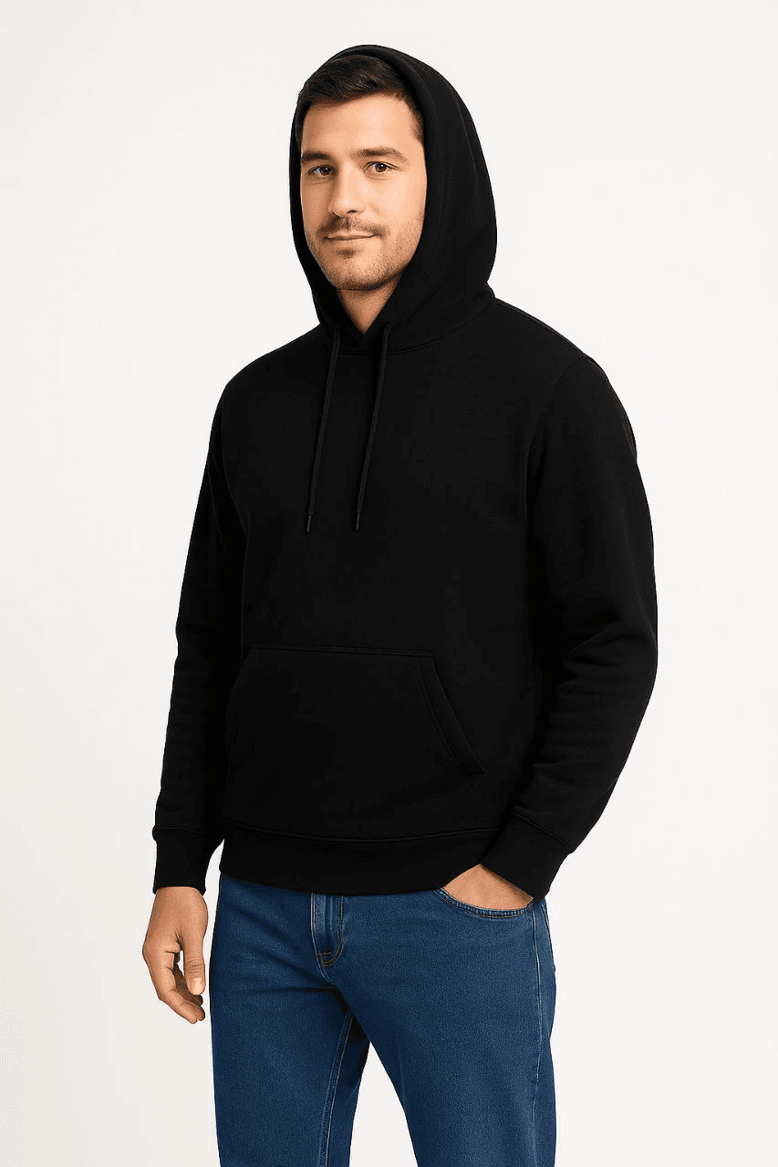 Erkek 3 İplik Pamuklu Kapüşonlu Kanguru Cepli SweatShirt hoodie - Siyah — görsel 1 / 7