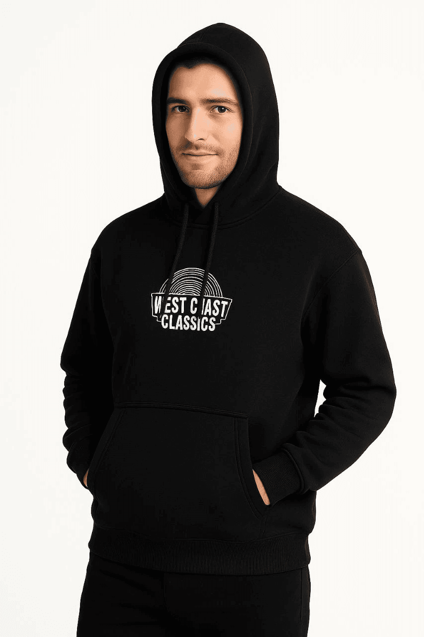 Erkek Kapüşonlu Kanguru Cepli Sweatshirt 3 İplik Pamuklu Baskılı Hoodie - Siyah