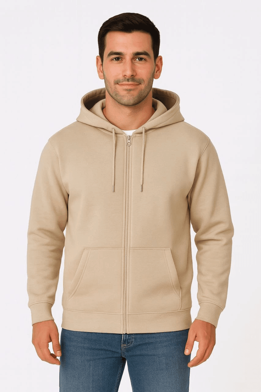 Erkek 3 İplik Pamuklu Kapüşonlu Tam Fermuarlı Cepli Hoodie Sweatshirt - Bej — görsel 1 / 4