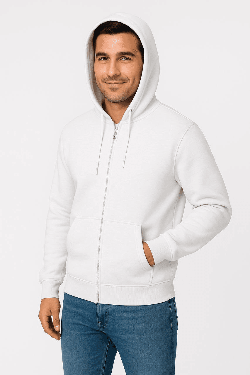 Erkek 3 İplik Pamuklu Kapüşonlu Tam Fermuarlı Cepli Hoodie Sweatshirt - Beyaz