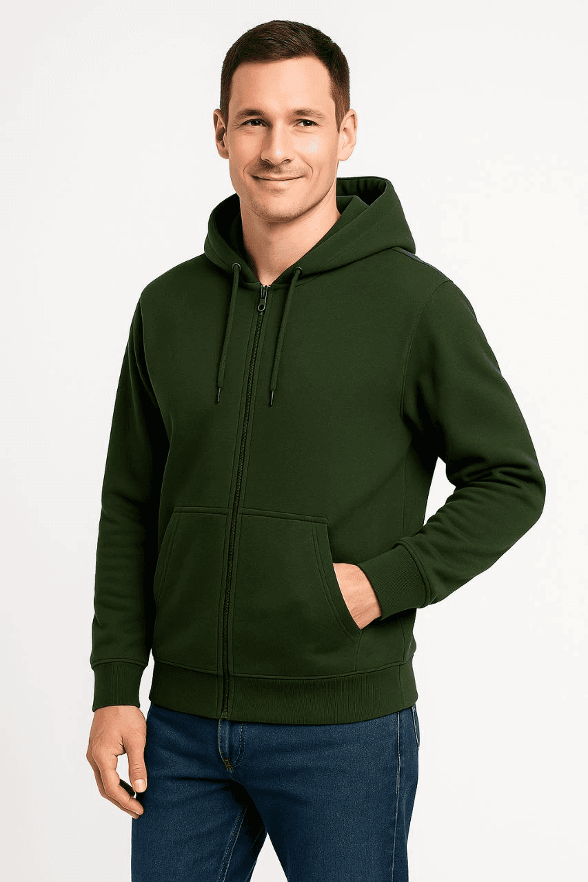 Erkek 3 İplik Pamuklu Kapüşonlu Tam Fermuarlı Cepli Hoodie Sweatshirt - Haki — görsel 1 / 4