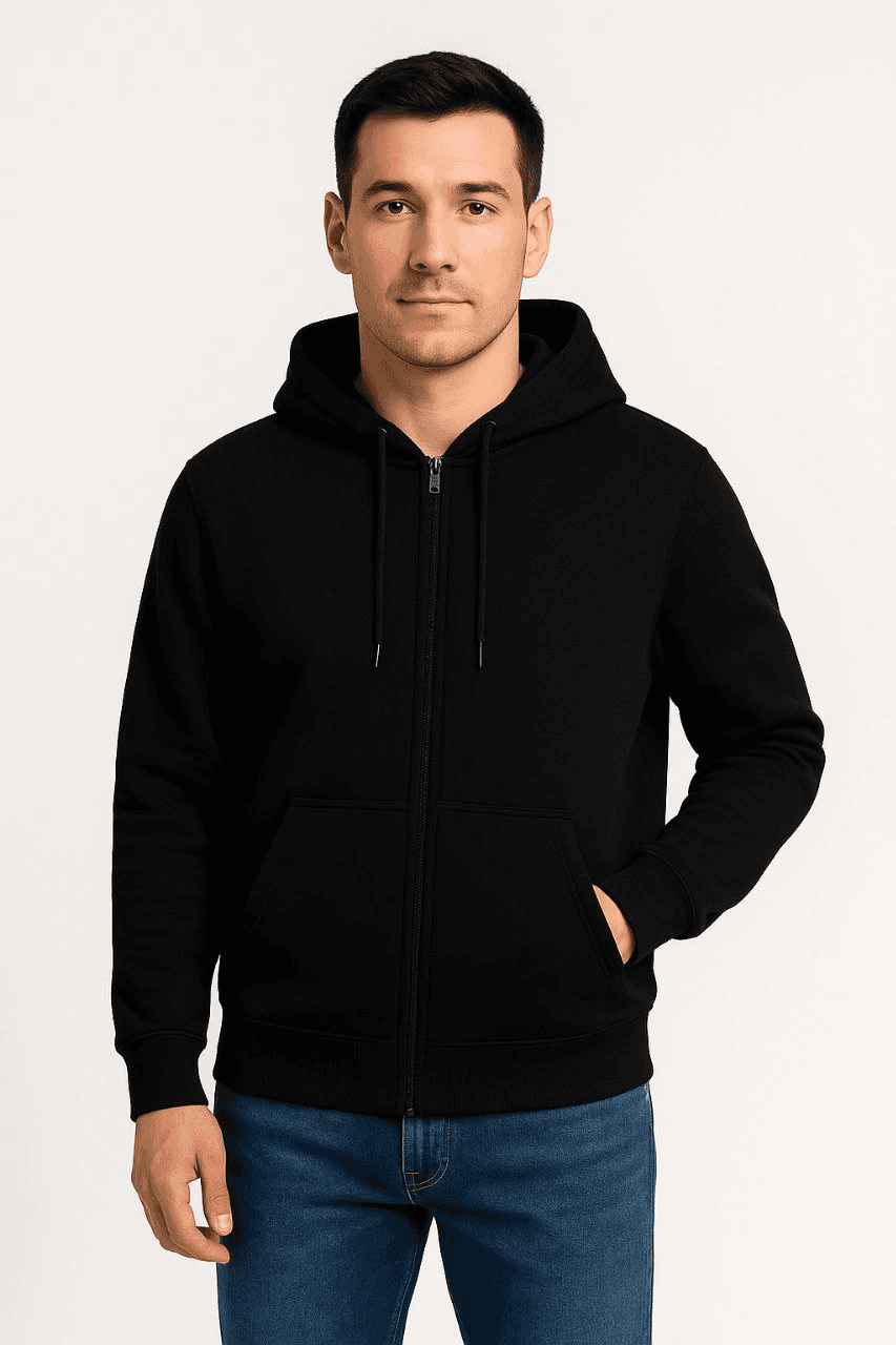 Erkek 3 İplik Pamuklu Kapüşonlu Tam Fermuarlı Cepli Hoodie Sweatshirt - Siyah