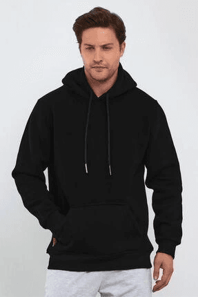Erkek 3 İplik Pamuklu Kapüşonlu Cepli Oversize Hoodie Sweatshirt - Siyah — görsel 1 / 3