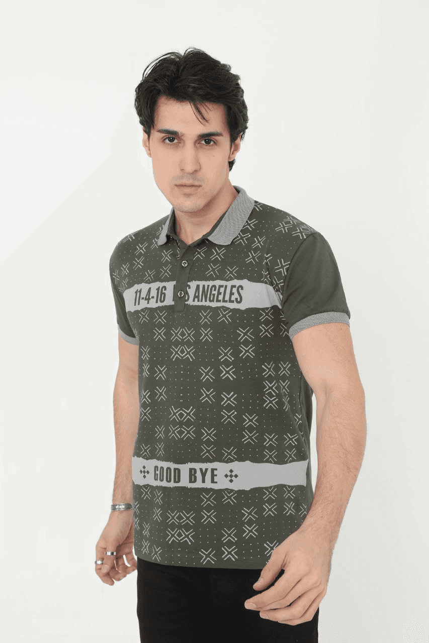 Erkek Polo Yaka tişört Slim Fit Baskılı Kısa kol T-Shirt - Haki