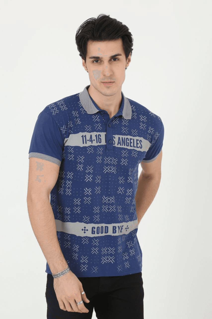 Erkek Polo Yaka tişört Slim Fit Baskılı Kısa kol T-Shirt - Mavi
