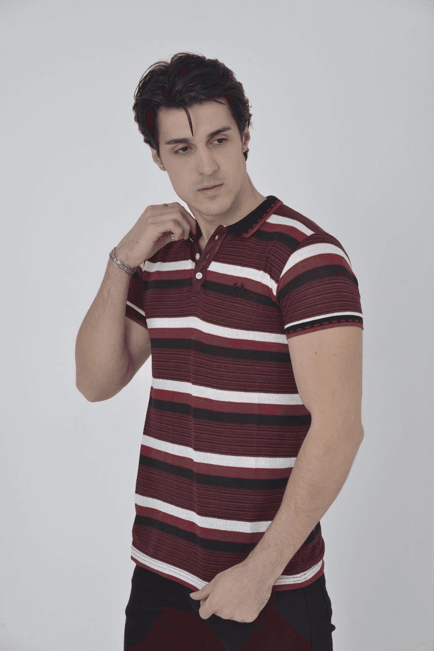 Erkek Polo Yaka tişört Slim Fit Dokuma Çizgili Kısa kol T-Shirt - Bordo — görsel 1 / 4