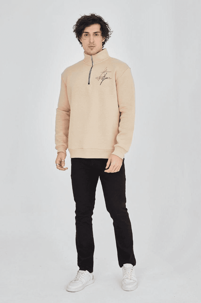 Erkek Yarım Fermuarlı Baskılı 3 iplik pamuklu sweatshirt - Bej — görsel 1 / 8