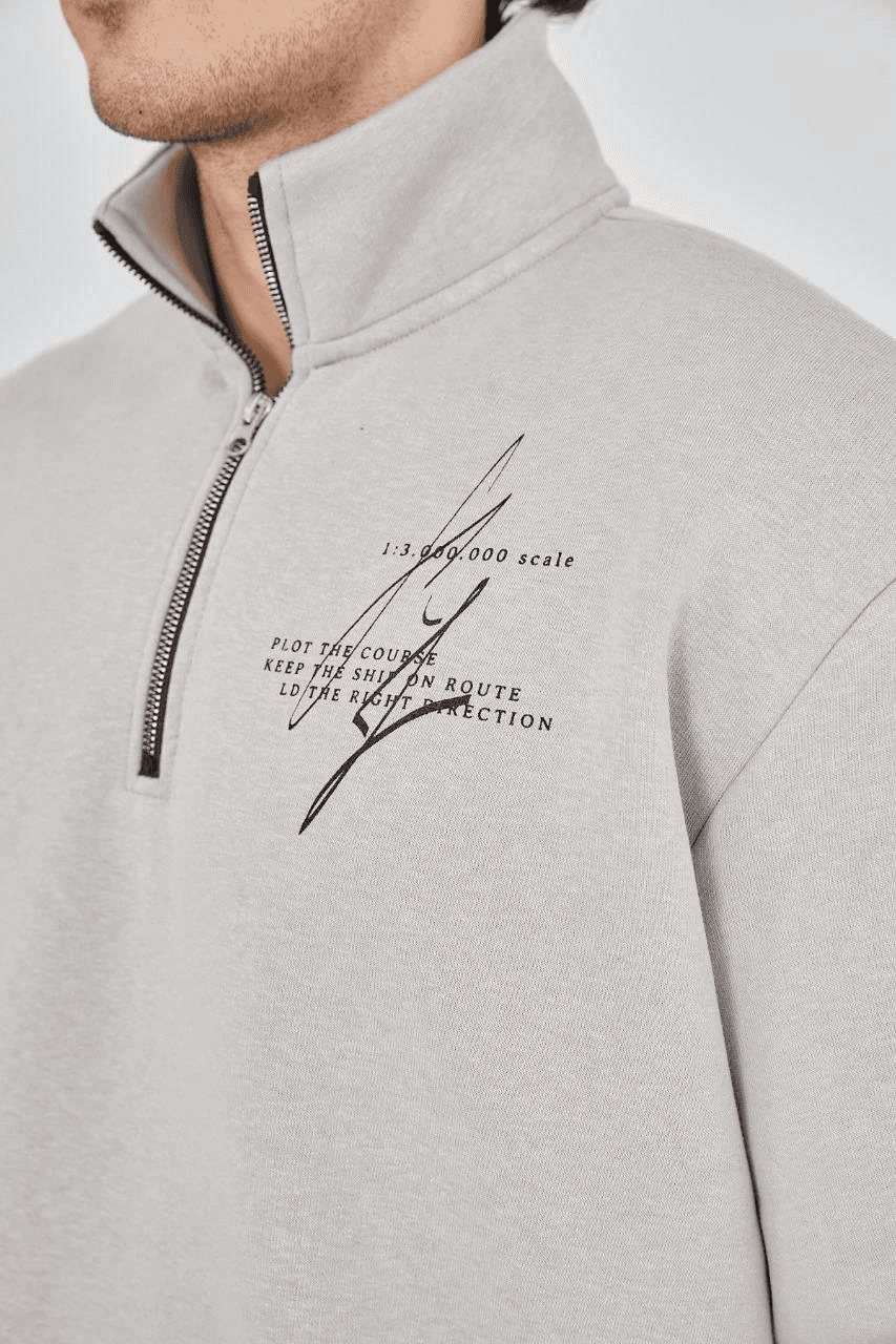 Erkek Yarım Fermuarlı Baskılı 3 iplik pamuklu sweatshirt - Boyalı Gri — görsel 1 / 8