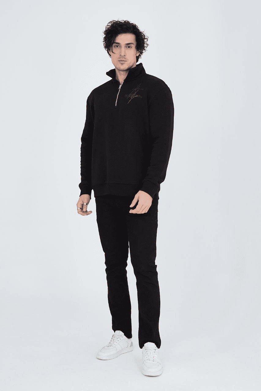 Erkek Yarım Fermuarlı Baskılı 3 iplik pamuklu sweatshirt - Siyah