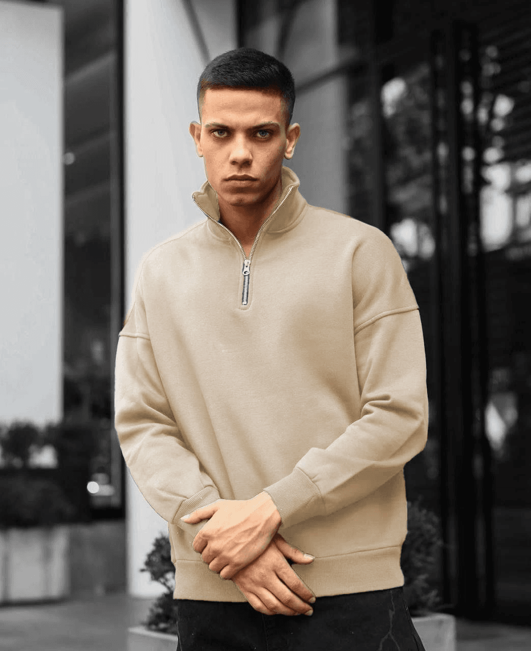 Erkek Yarım Fermuarlı Üç İplik Sweatshirt - Bej — görsel 1 / 2