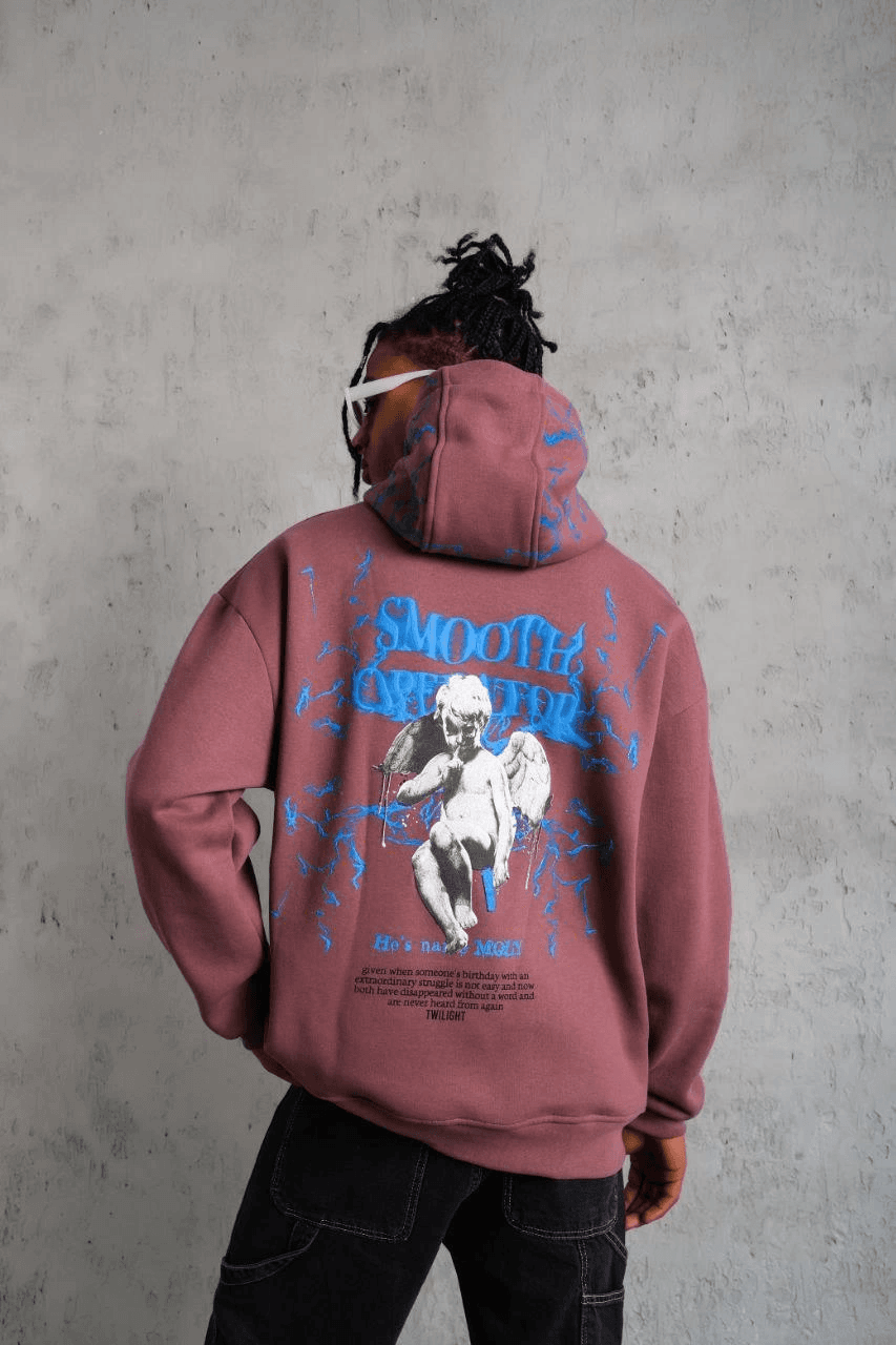 Erkek 3 İplik Pamuklu Kapüşonlu Baskılı Cepli Sweatshirt Hoodie - Gül Kurusu — görsel 1 / 3