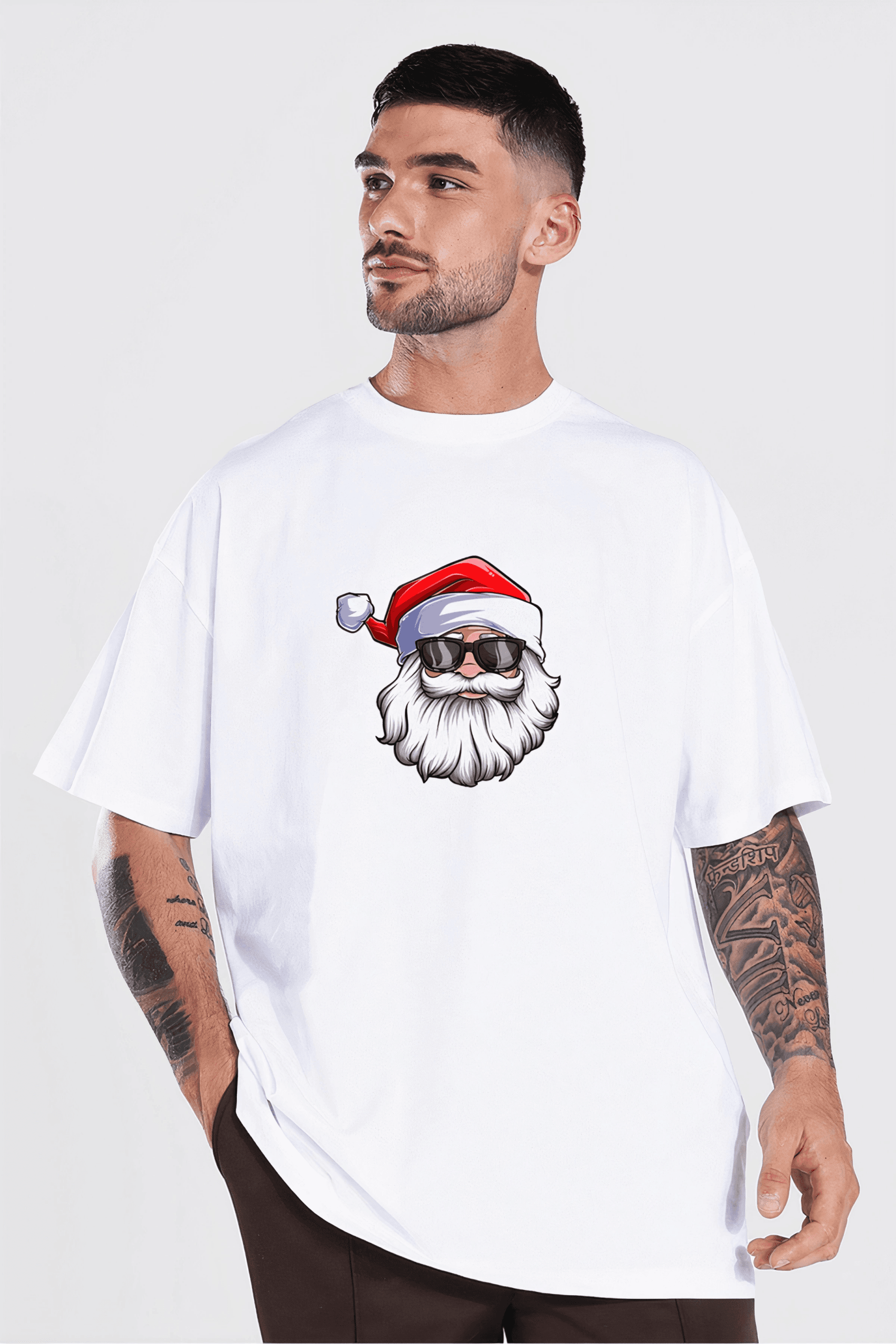 Yılbaşı Gözlüklü Noel Baba Baskılı Kısa Kollu Oversize Bisiklet Yaka T-shirt - Beyaz