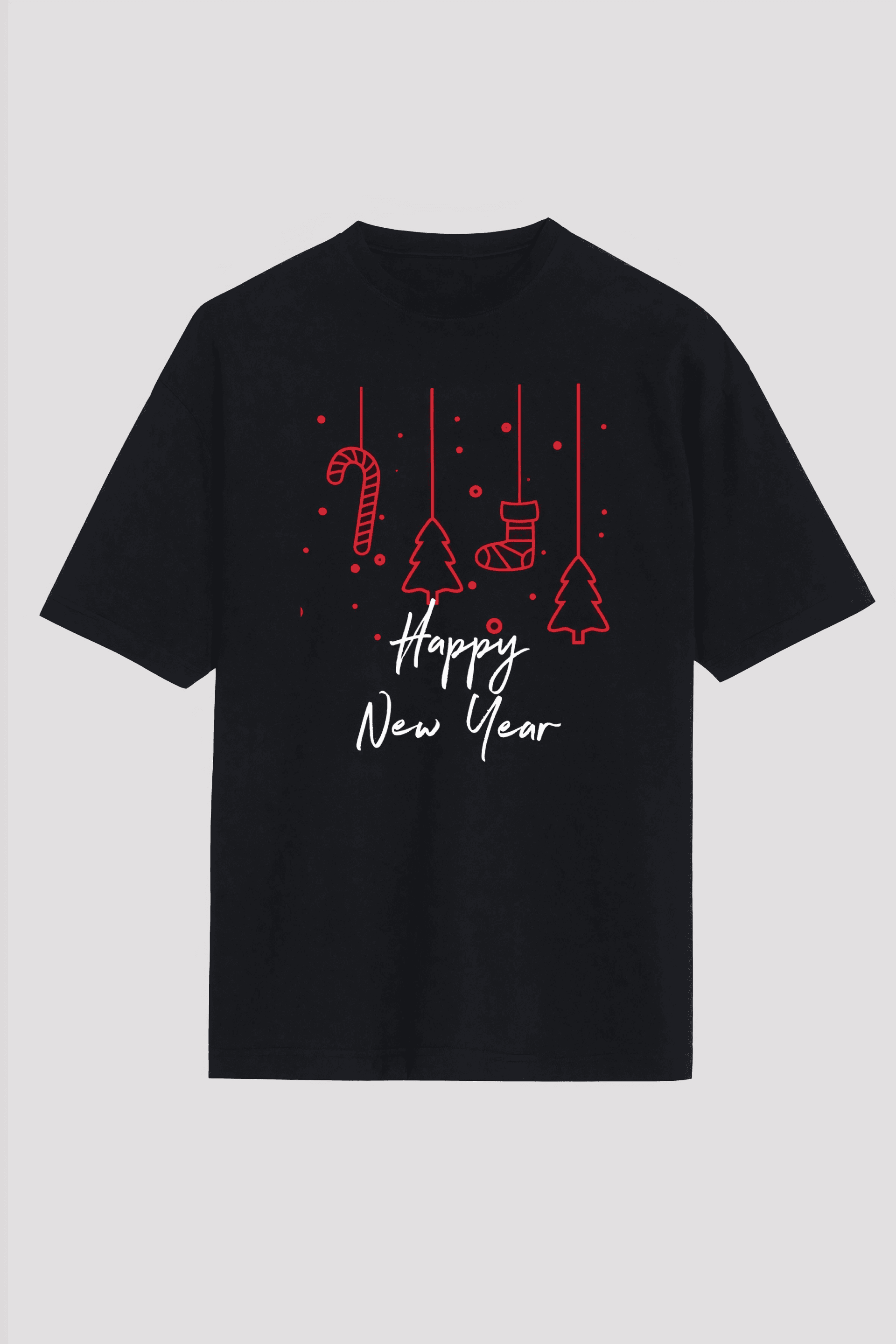 Yılbaşı Happy New Year Baskılı Kısa Kollu Oversize Bisiklet Yaka T-shirt - Siyah