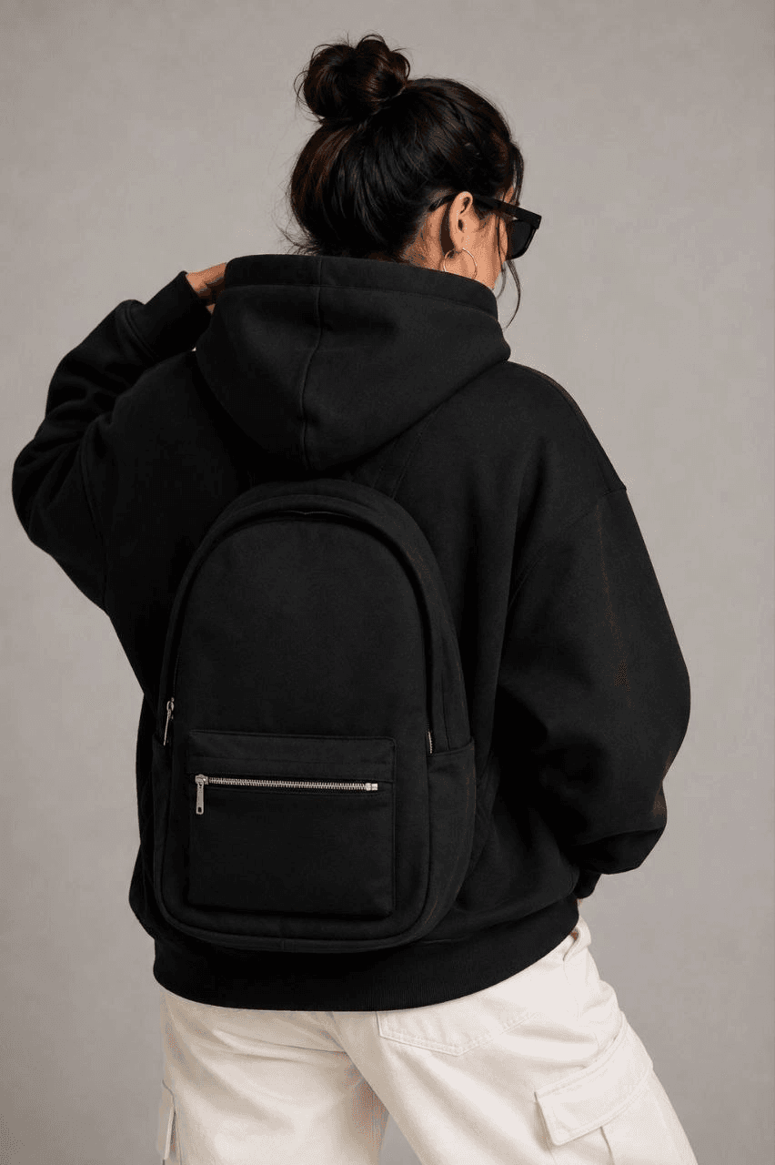 Kadın 3 İplik Şardonlu Tam Fermuarlı Kapüşonlu Arka Çanta Detaylı Sweatshirt - Siyah