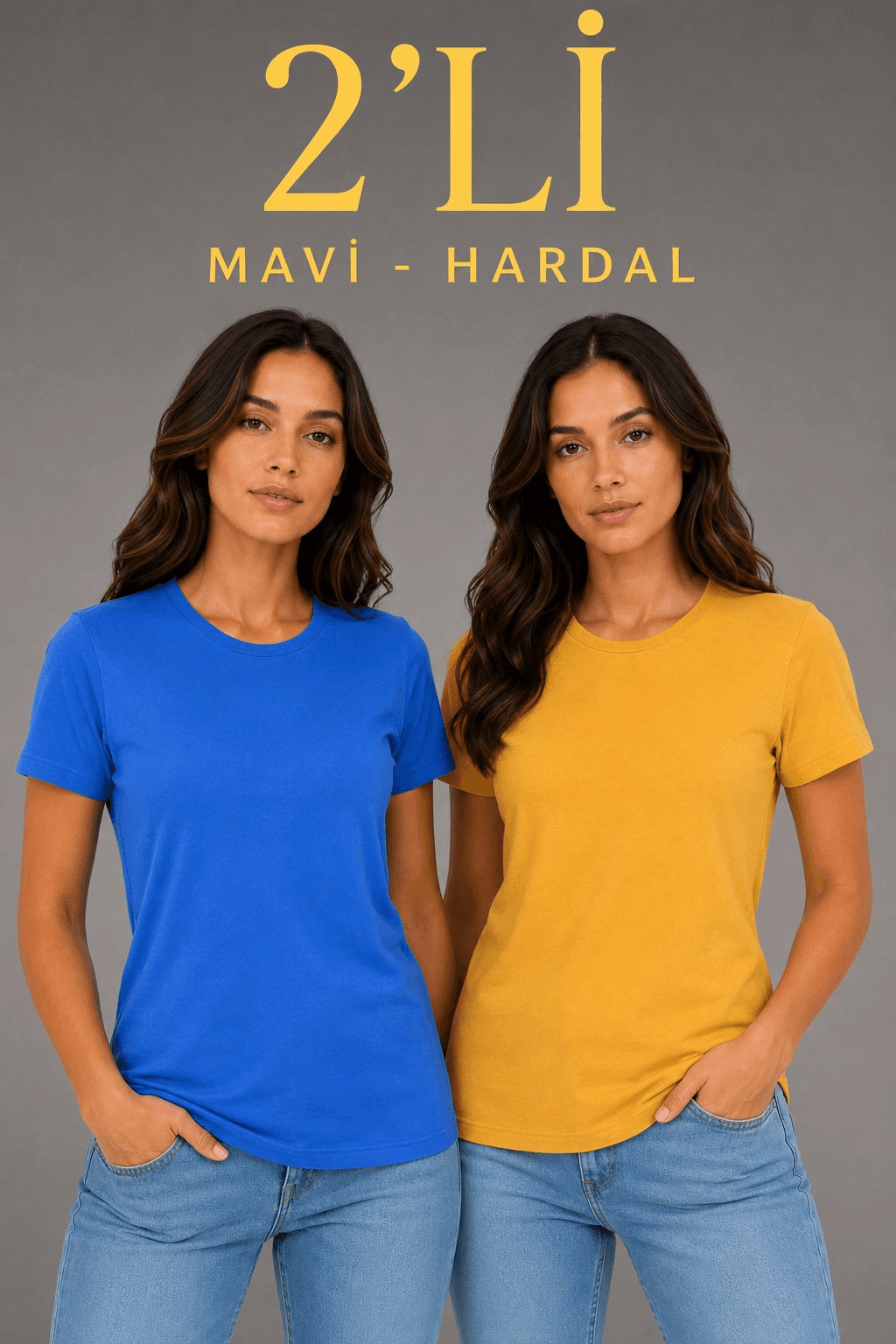 Kadın Basic Bisiklet Yaka Yazlık Slim fit T-Shirt - Mavi & Hardal Sarısı — görsel 1 / 7
