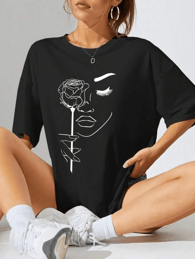 Kadın Tişört Baskılı Kısa kol Oversize T-shirt - Siyah