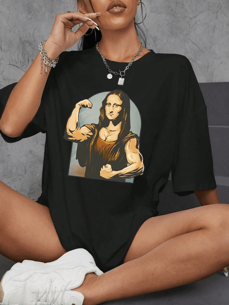 Kadın Baskılı T-Shirt Kısa Kol Bisiklet Yaka Oversize Rahat Kalıp Tişört - Siyah — görsel 1 / 2