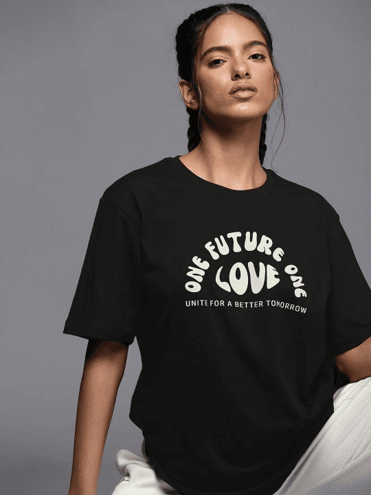 Kadın Baskılı T-Shirt Kısa Kol Bisiklet Yaka Oversize Rahat Kalıp Tişört - Siyah — görsel 1 / 3