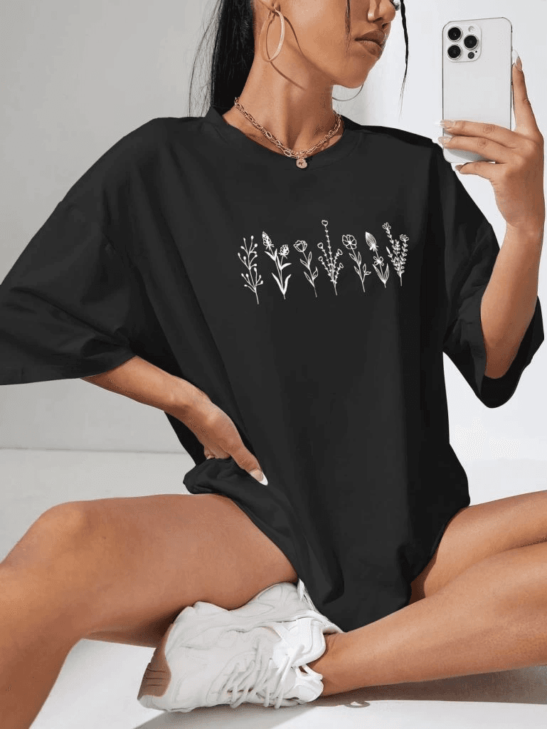 Kadın Baskılı T-Shirt Kısa Kol Bisiklet Yaka Oversize Rahat Kalıp Tişört - Siyah — görsel 1 / 2