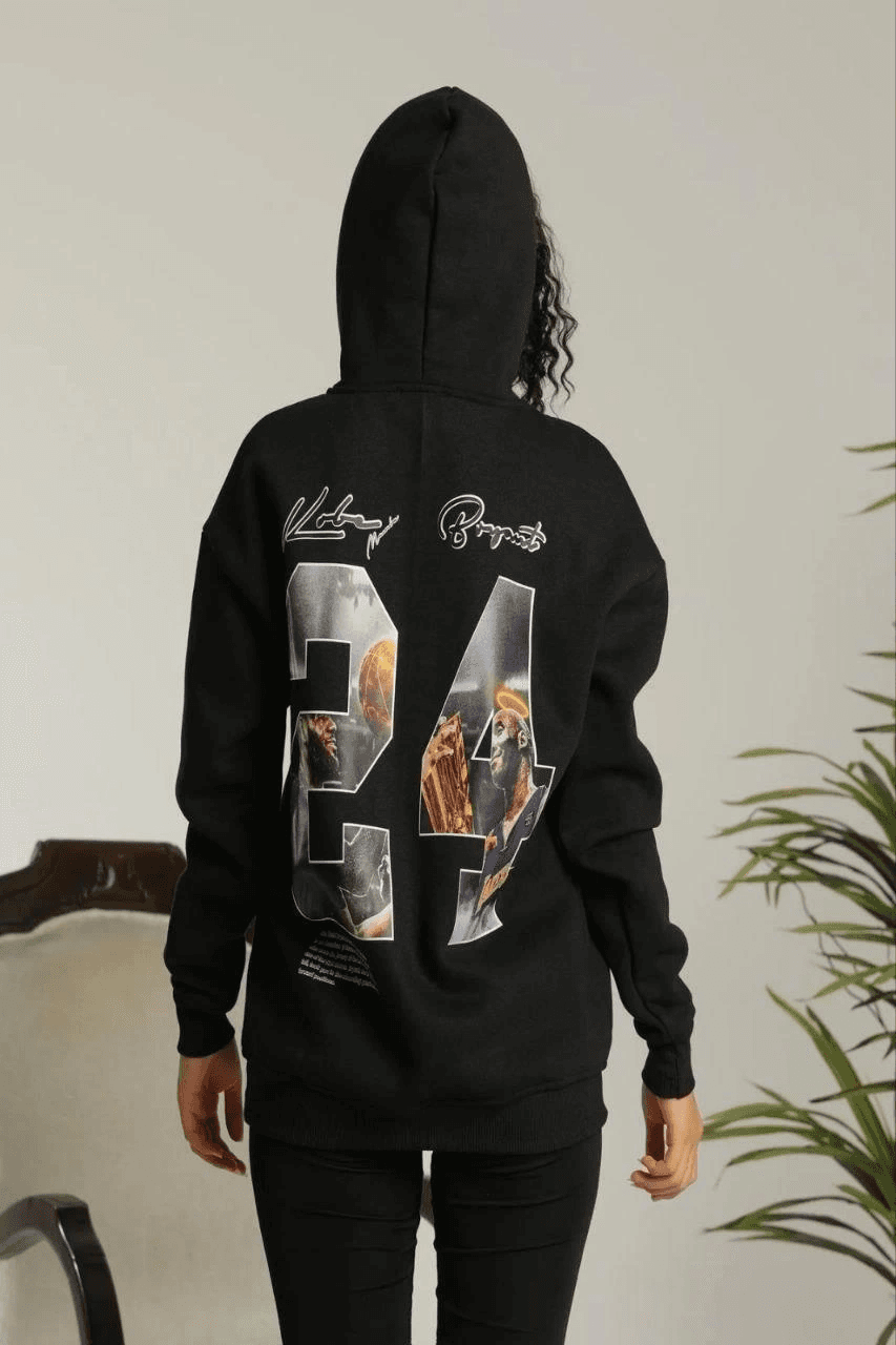 Kadın Oversize Kapüşonlu Cepli Baskılı 3 İplik Pamuklu Hoodie Sweatshirt - Siyah — görsel 1 / 2