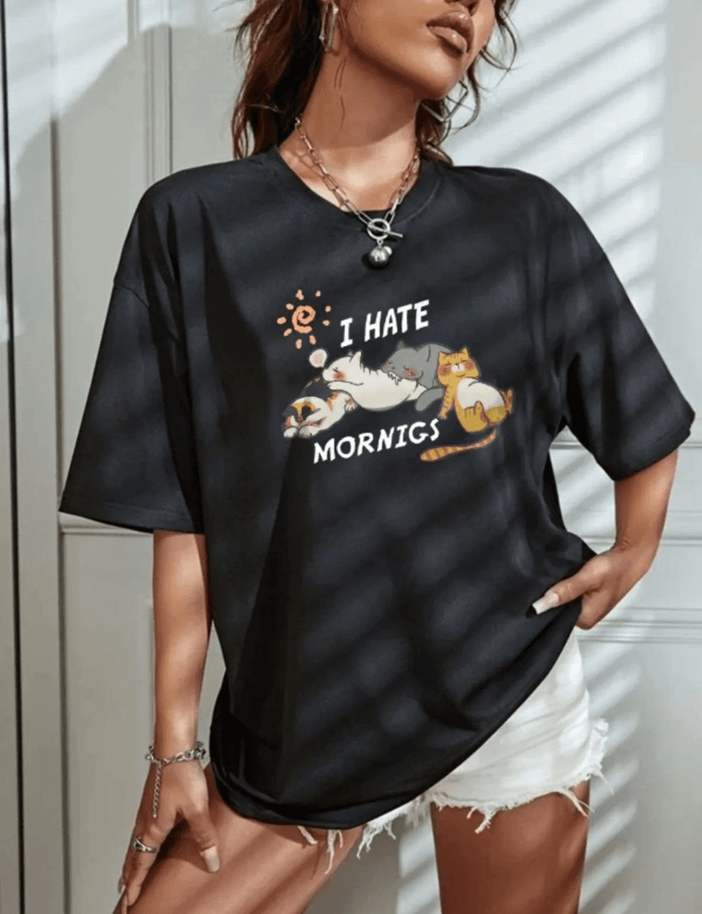 Kadın Tişört Bisiklet Yaka Baskılı Oversize T-Shirt - Siyah — görsel 1 / 2