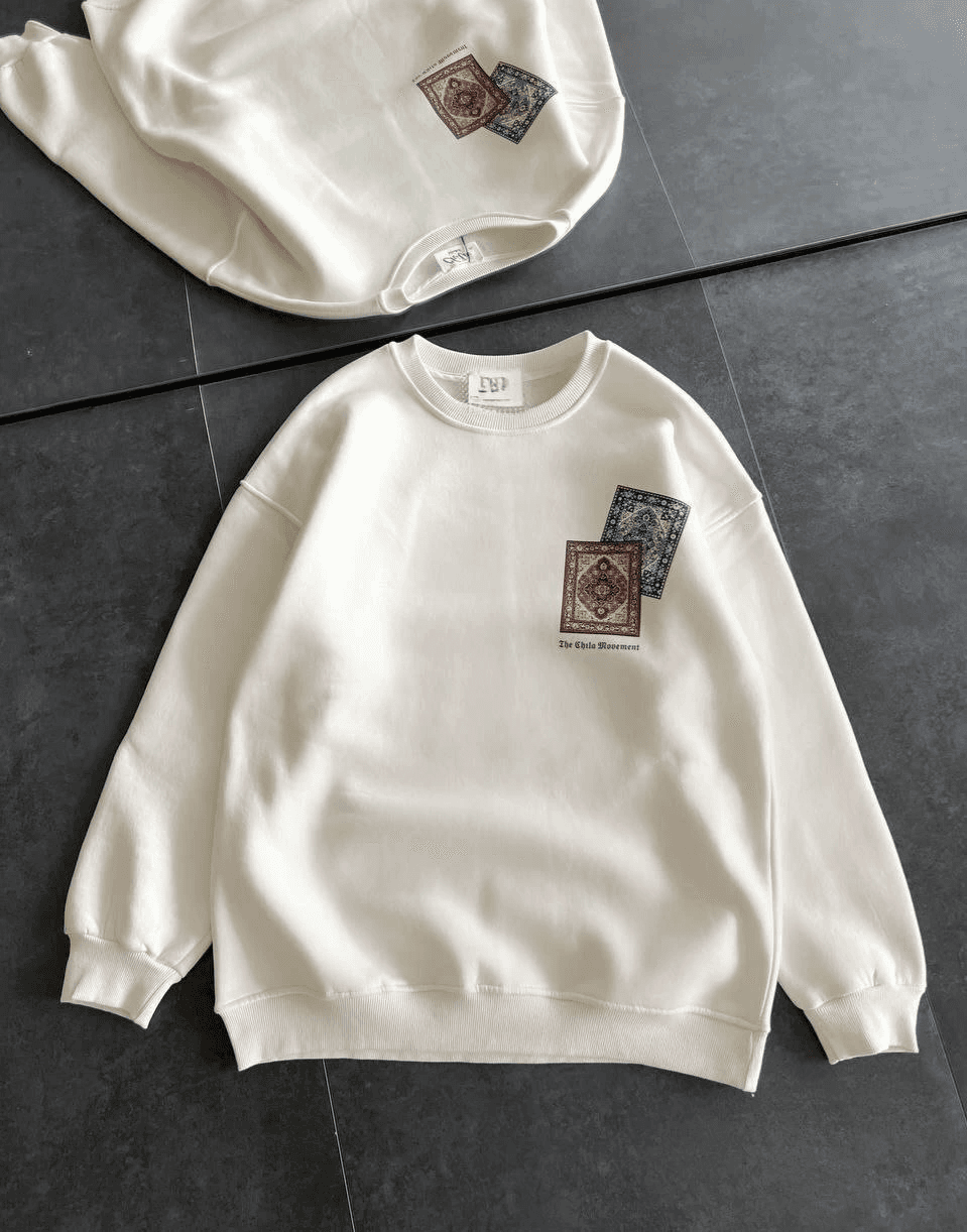 Kadın Bisiklet Yaka Kilim Halı Baskılı 3 İplik Pamuklu Sweatshirt - Beyaz
