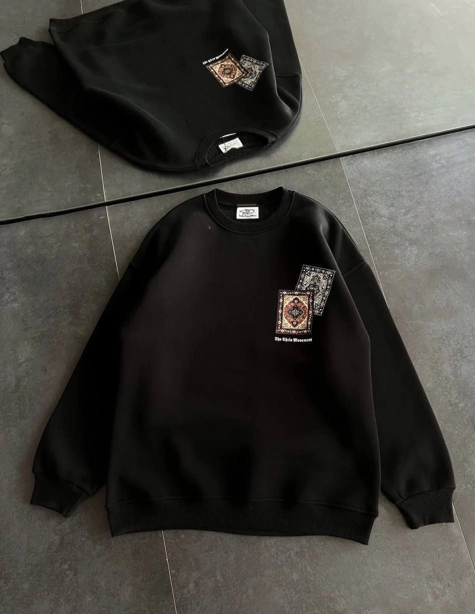 Kadın Bisiklet Yaka Kilim Halı Baskılı 3 İplik Pamuklu Sweatshirt - Siyah — görsel 1 / 3